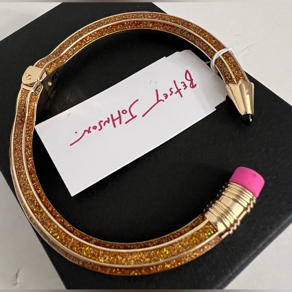 New BETSEY Johnson Gold Glitter Pencil Hinged Cuff Bracelet Back To School - Picture 11 of 16